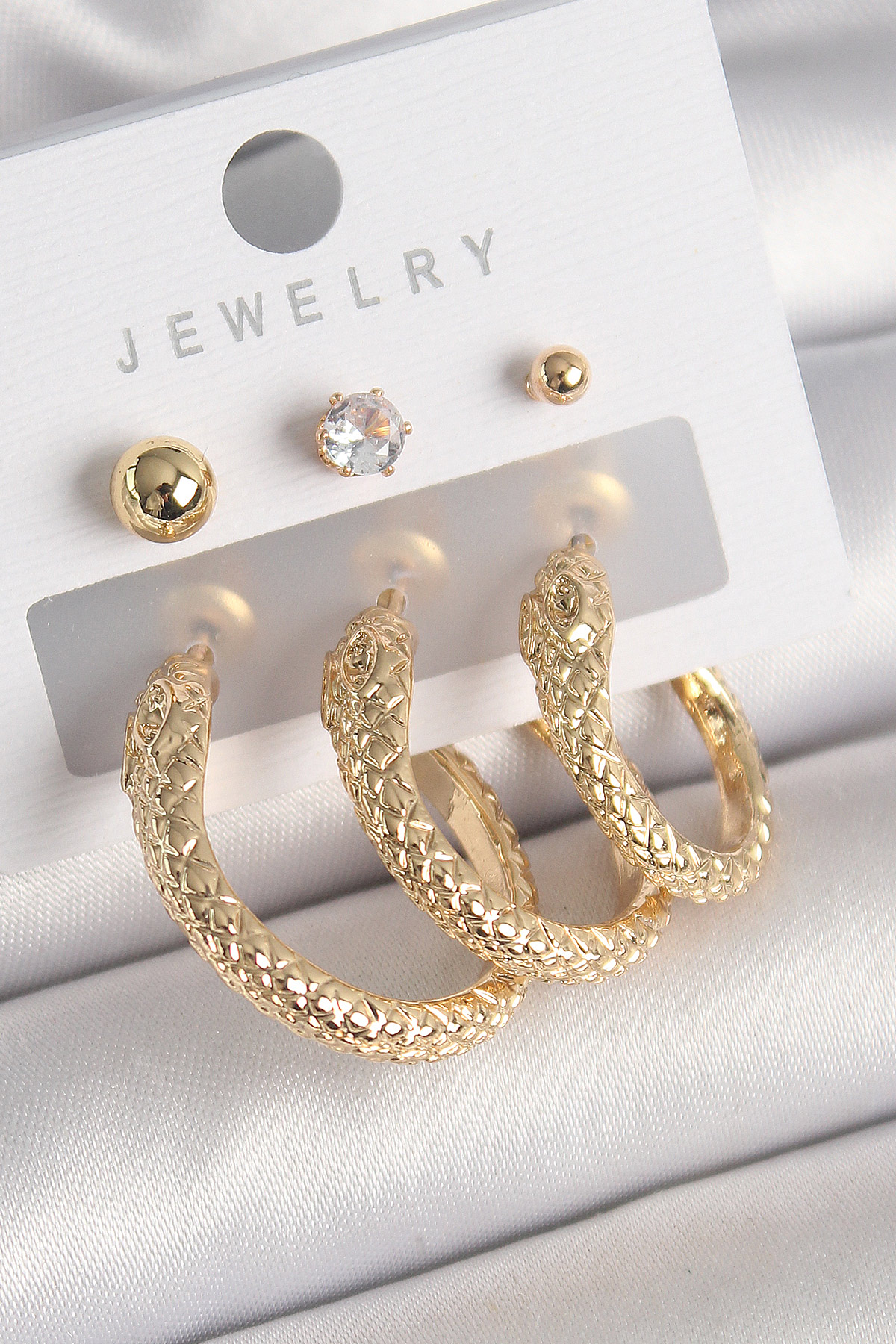 Pirinç%20Gold%20Renk%20Zirkon%20Taşlı%20Topçuk%20Detay%20Yılan%20Halka%20Model%20Kadın%20Küpe%20Seti