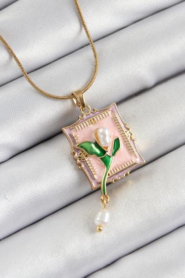 316L Çelik Zincir Pembe Sanatsal Portre Sallantılı İnci Detaylı Lale Model Gold Renk Kadın Kolye