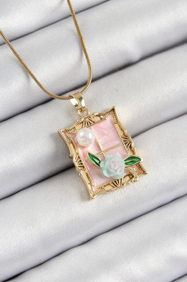 316L Çelik Zincir Pembe Sanatsal Portre İnci Detaylı Gül Figürlü Model Gold Renk Kadın Kolye