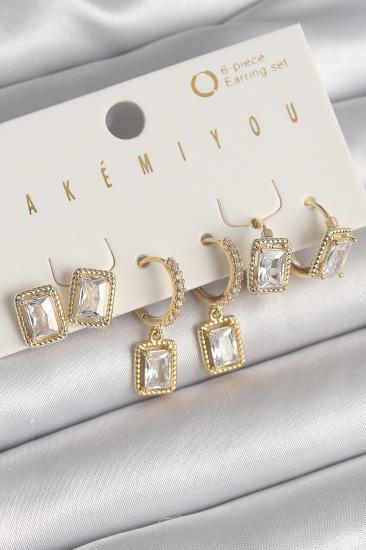 Pirinç Gold Renk Sallantı Kare Zirkon Taşlı VIP Seri Kadın Küpe Seti