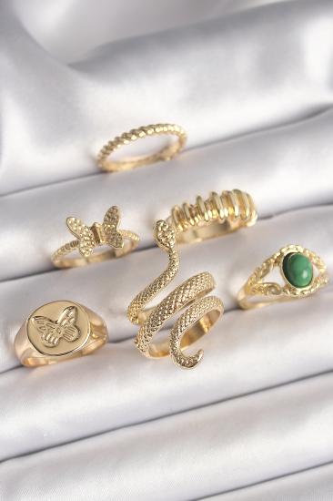 Pirinç Gold Renk İşlemeli Yılan Model Kelebek Detay 6’Lı Kadın Yüzük Seti