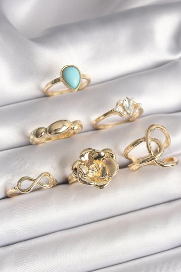 Pirinç Gold Renk Çiçek Model Model Sonsuzluk Zirkon Taş Detaylı 6’Lı Kadın Yüzük Seti