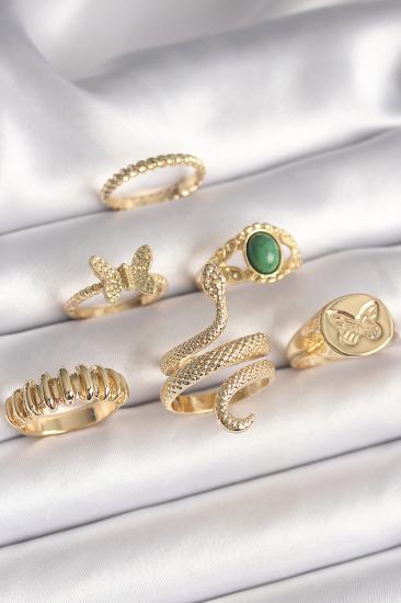 Pirinç Gold Renk İşlemeli Yılan Figür Kelebek Detay 6’Lı Kadın Yüzük Seti