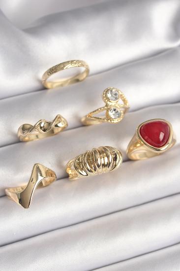 Pirinç Gold Renk Sarmal Modl Zirkon Taşlı Sarmal Detay 6’Lı Kadın Yüzük Seti