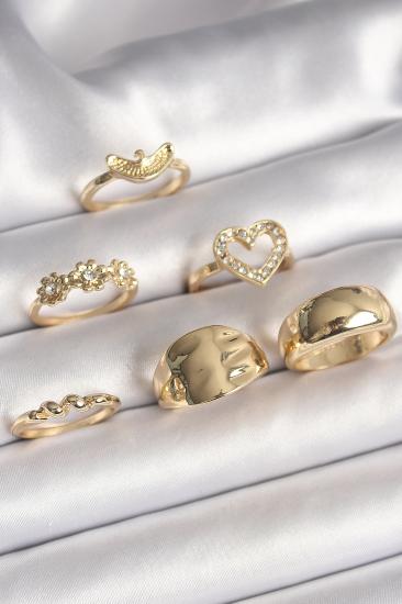 Pirinç Gold Renk Zirkon Taşlı Kalp Figür Çiçek Detay 6’Lı Kadın Yüzük Seti